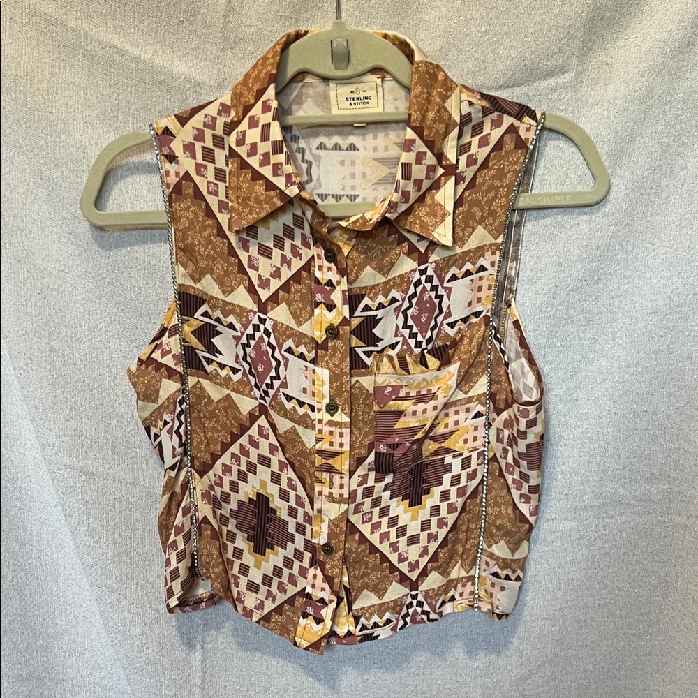 Sterling & Stitch Aztec & Diamonds  Button up Sleeveless Top / Vest